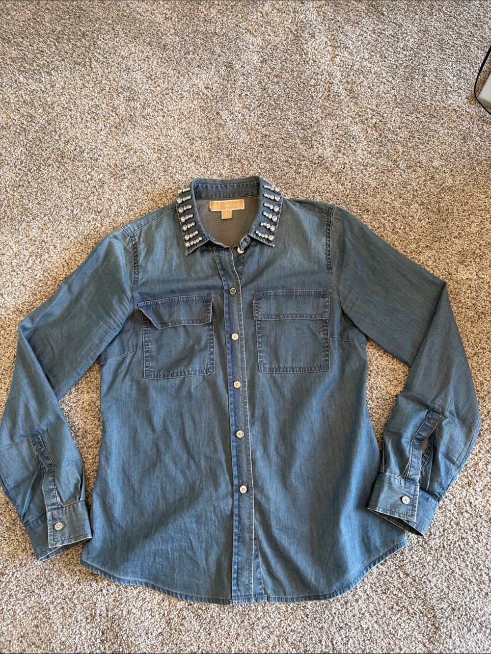Michael Kors Studded Rhinestone Collar Denim Button-Down Shirt - size small